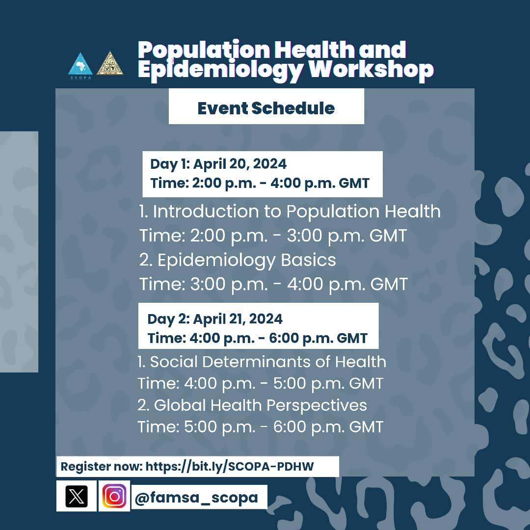 Greetings Afromedics💙, Don't miss out on the Population Dynamics of Health Workshop organized by FAMSA SCOPA. Register now! bit.ly/SCOPA-PDHW Blue Hugs💙, SCOPA Team.