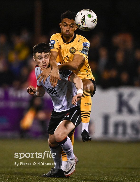 Romal Palmer of St Patrick's Athletic Ryan O'Kane of Dundalk getting stuck in during their SSE Airtricity Men's Premier Division match at Oriel Park last night. sportsfile.com/more-images/77…