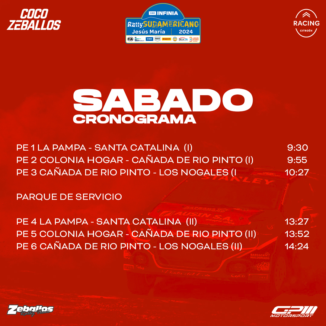 #RallyArgentino | Buen día! ¡Comenzamos la mañana repasando el cronograma para hoy!
Tendremos por delante 6 pruebas especiales con un total de 97,82kms cronometrados.
.

.
#SiemprePaDelante 🇺🇾
<a href="/CitroenRacing/">Citroën Racing</a> | <a href="/zeballosrally/">Zeballos Rally Team 🤜🤛🇺🇾</a> | <a href="/SebaGRally/">Seba González Rally</a> | @gp_motorsport1 |