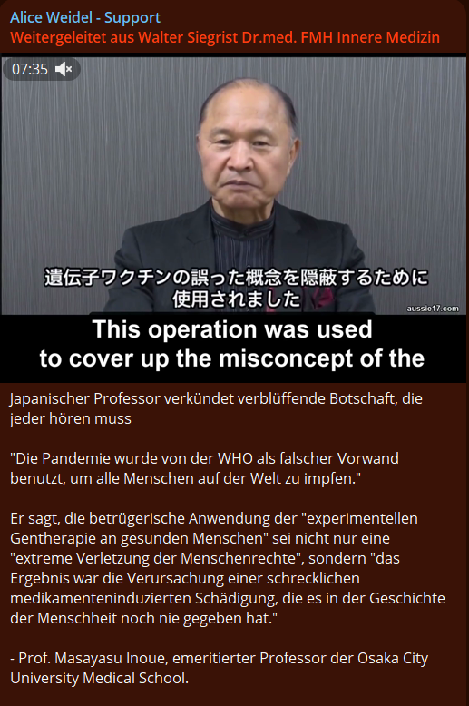 Japanischer Professor verkündet verblüffende Botschaft, die jeder hören muss 🔥🔥🔥🔥🔥🔥🔥🔥🔥🔥 'Die Pandemie wurde von der WHO als falscher Vorwand benutzt, um alle Menschen auf der Welt zu impfen.' x.com/VigilantFox/st… t.me/AliceWeidelSup…