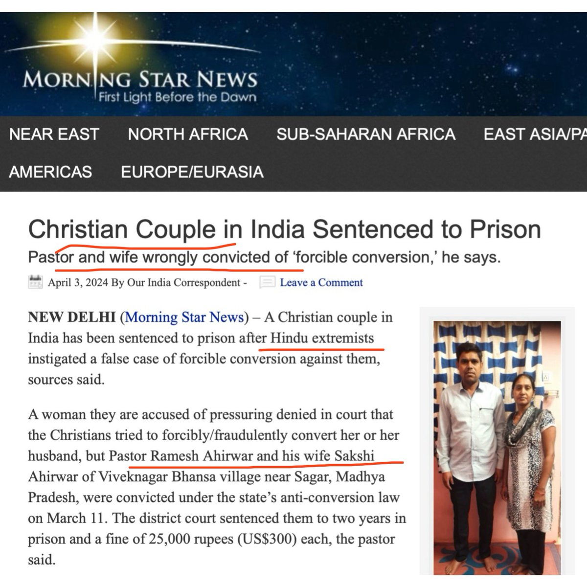 See this fraud A Madhya Pradesh court recently convicted a married couple, Ramesh and Sakhi ‘Masih’ Ahirwar, under anti-forced conversion act. Their son-in-law had accused them of forcing him to convert to Christianity, threatening him that he wouldn’t get his wife back if he…