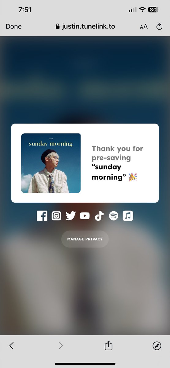 Done pre-saving and pre- adding Sunday Morning!!!🥹💚

Pre-save here: justin.tunelink.to/sunday-morning

@justintdedios #justin
#PreSaveJustinSundayMorning