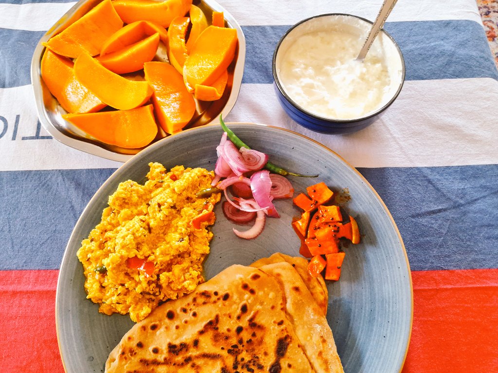 Today's lunch - Paneer Bhurji, Paratha, Salad, Curds, Pickles and Mangoes 😋 @sshyam_23 @jananisampath @nayanikaaa @MadhurimaB_1 @aparnasridhar7