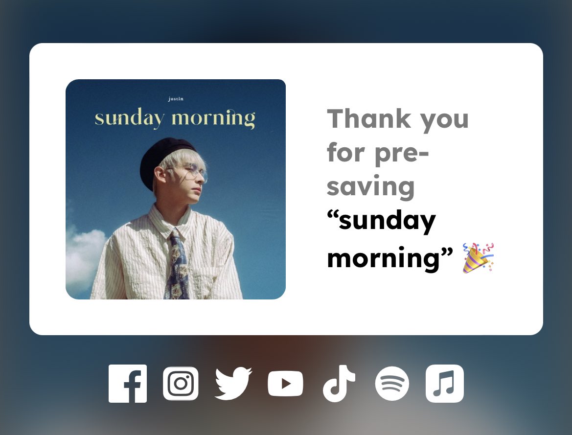 Ready na ba ang lahat? 

Five hours to go and we can finally stream justin’s sunday morning on the different music platforms! ☀️

While waiting, please pre-save the song here:
🔗 justin.tunelink.to/sunday-morning

@justintdedios #justin
#PreSaveJustinSundayMorning