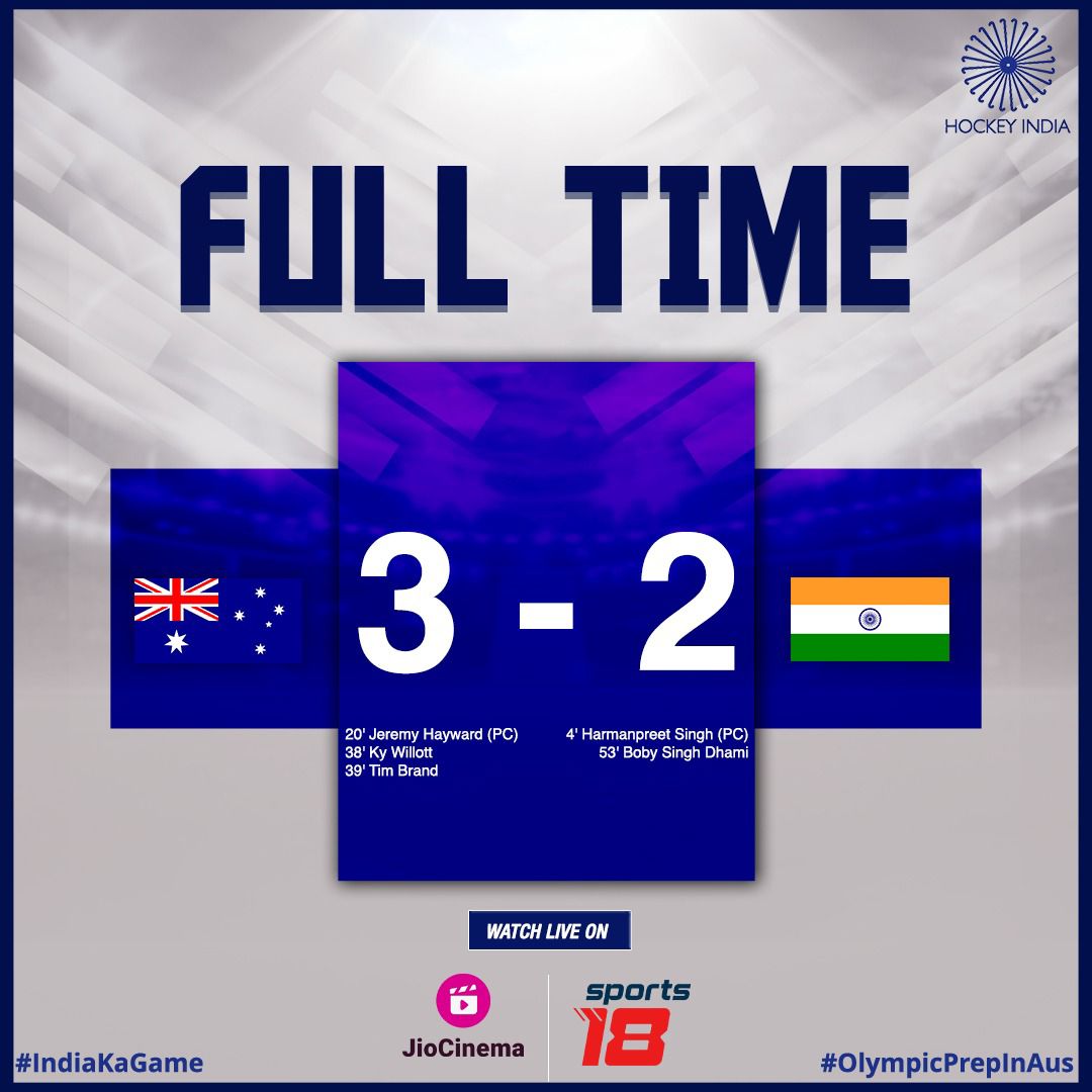 #Hockey🏑: India men’s team lost 3-2 to Australia in the 5th and final Test in Perth, thus suffering a 5-0 clean sweep. India, the bronze🥉medalist in #TokyoOlympics, is in the same group as Australia for #ParisOlympics along with Belgium, New Zealand, Argentina and Ireland.…