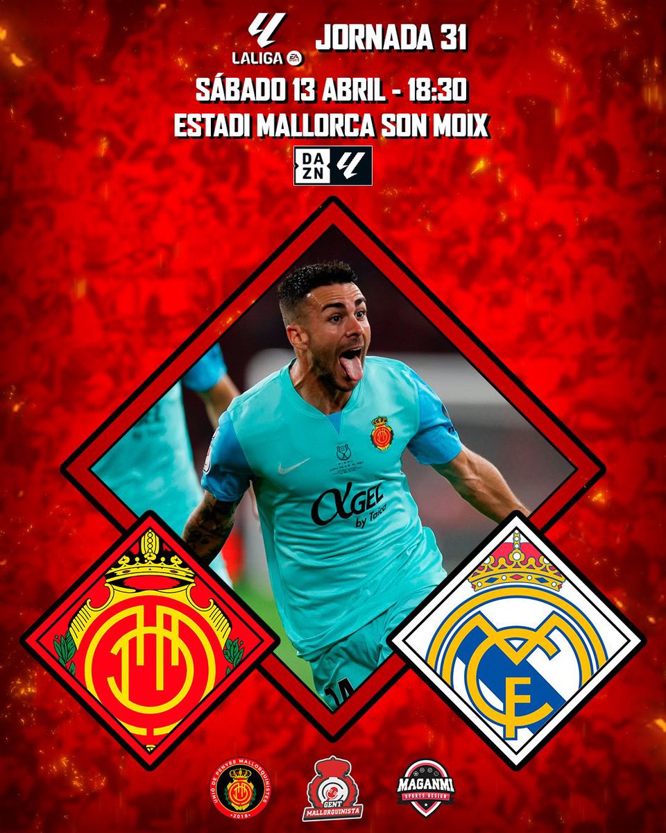 👹 Avui juga el @RCD_Mallorca ! Jornada 31 🚍 Rebuda 16:45h ⏰ Partit 18:30 h 🏟️ Estadi Mallorca Son Moix 🆚 @realmadrid 🎨 @maganmiSports Endavant mallorquinistes 🔴⚫️ #SomUnió #JuntsSomMillors