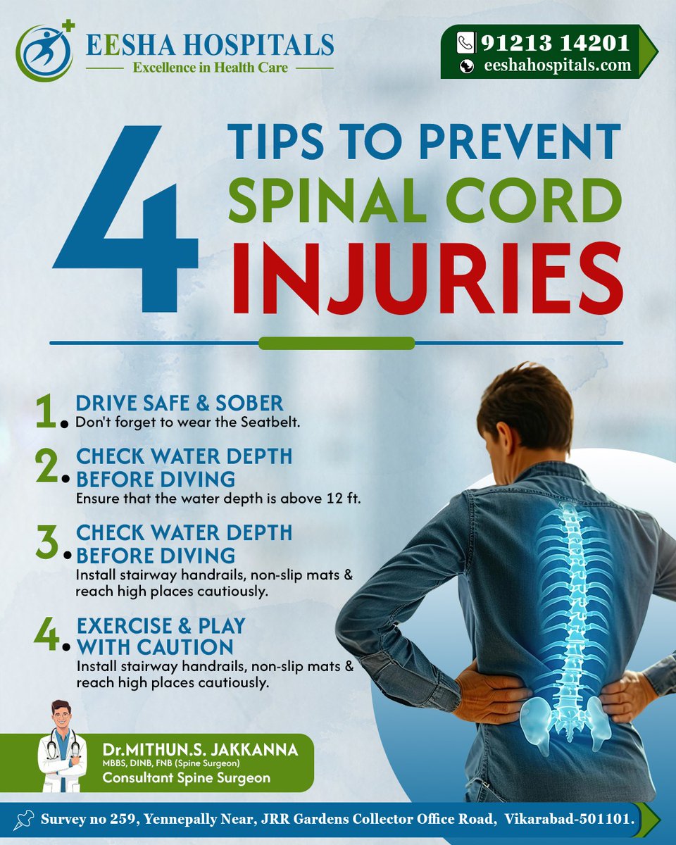 4 Tips to Prevent Spinal Cord Injuries
For More Information
Consult Now
+91 9121314201

#spineinjury #Eeshahospitals #vikarabad #SpineSafety #ProtectYourSpine #SafeSpineTips #SpinalHealthTips #InjuryPrevention #HealthyBackHabits #SpineWellness

Visit
eeshahospitals.com