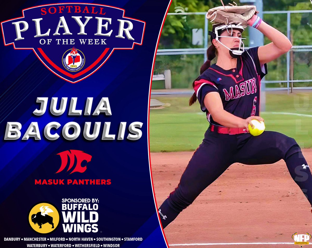 Congratulations to Julia Bacoulis, representing @masuksoftball & @swc_sports on winning this week’s CT HS Softball Player of the Week! Congrats to all of this week’s nominees & a big thanks to our sponsor, @BWWings for their continued support! @NFP_CTEast @NFP_CTWest #ctsoft