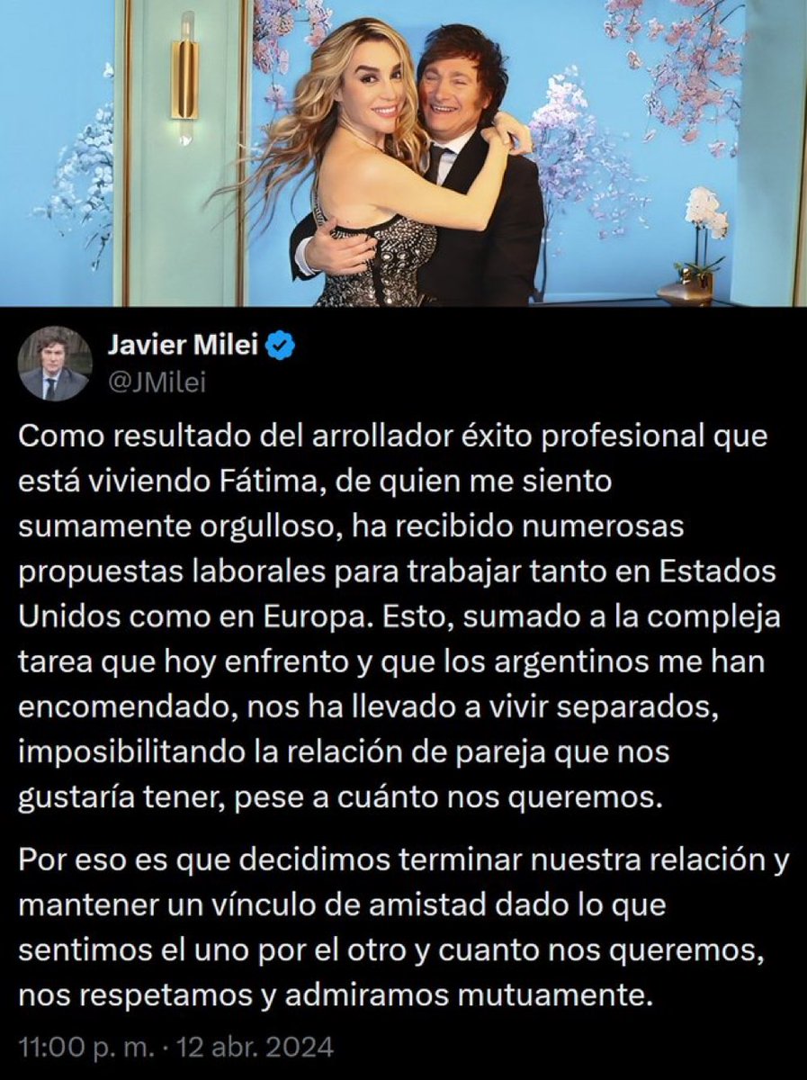 🇦🇷 | El presidente argentino bJavier Milei anuncia su separación de la actriz e imitadora Fátima Florez, con quien empezó una relación a mediados de 2023, durante su campaña electoral.