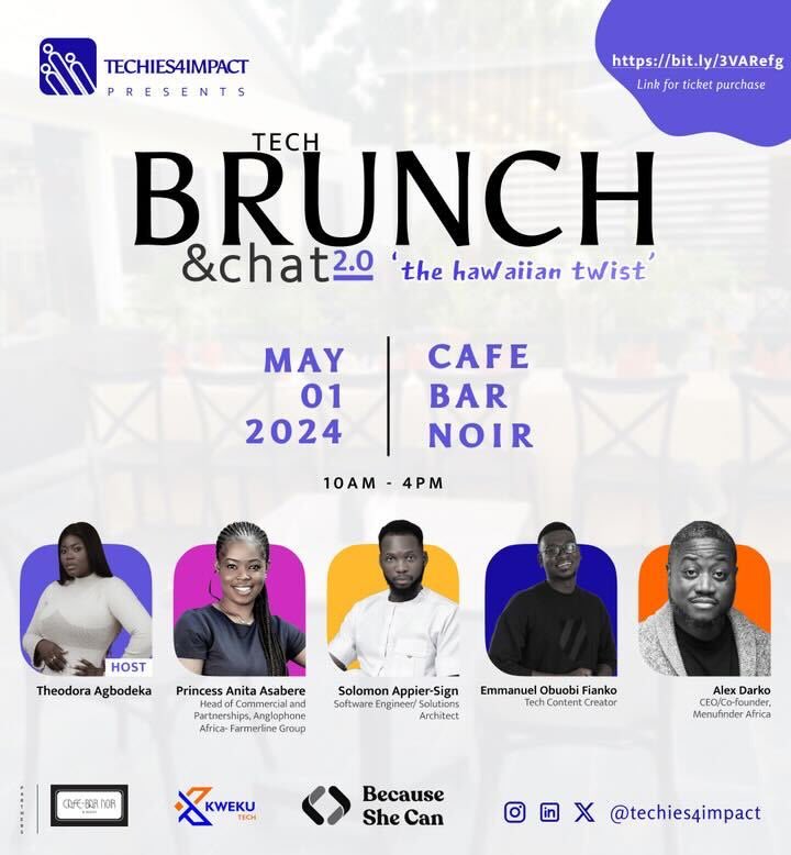 We are excited to announce that @techies4impact is hosting a tech brunch on 1st May 2024 at Cafe Bar Noir in Accra!!🥳🥳 What’s even more exciting is that BSC members get to purchase tickets at the price of early bird tickets till the end of April!🎉🎉 Don’t miss it 🥳