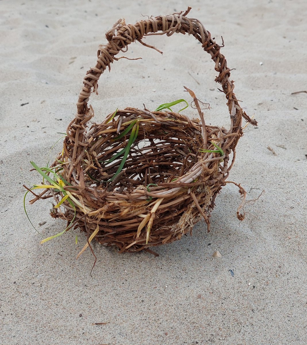 Ein Korb aus angeschwemmten Seegras an der Ostsee gefertigt.