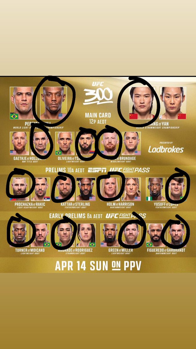 Haven't done this in a while. But here's my #UFC300 picks. Still weird that Jiri is in the Prelims and Cody/Deiveson is in the early prelims and they start the card. But it is what it is