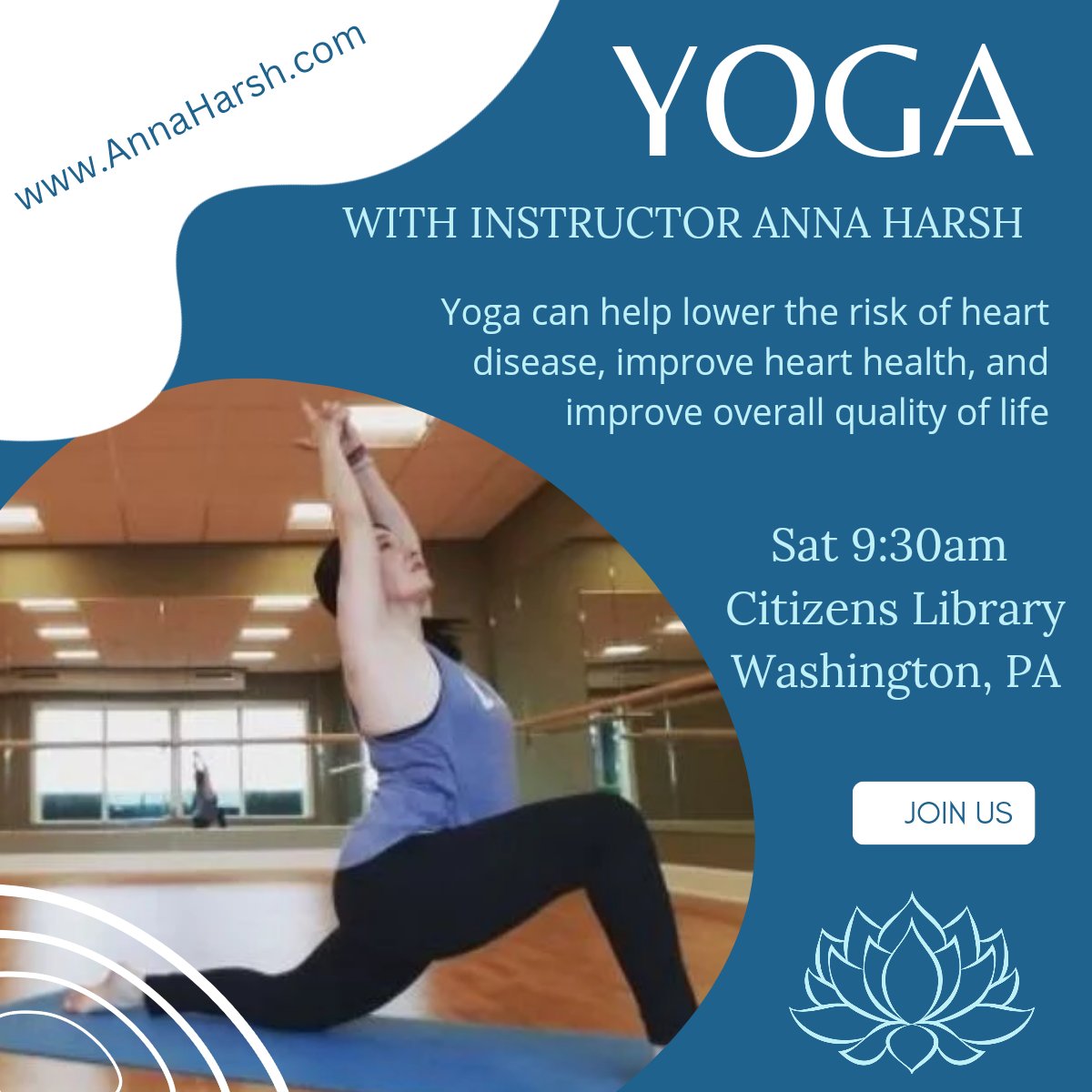 TODAY ♥️💪✨️☀️👀
Yoga 9:30am Citizens Library Washington PA.  Join me.
I'll be leading a Vinyasa flow class. annaharsh.com 
#WashingtonPa #yogaatthelibrary #yogaWithAnnaHarsh