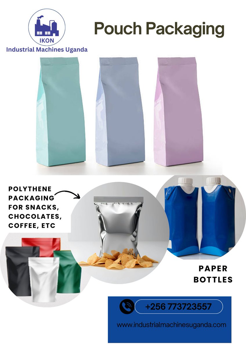 IMachinesUganda's tweet photo. Discover how packaging has transformed to innovative paper bottles for juice, milk,etc. polythene packaging for chocolates, coffee, and snacks. Embrace the future of packaging with our packaging machinery at Industrial Machines Uganda.
#PackagingEvolution #Innovation #pouches. https://t.co/EVZKM7iAIj
