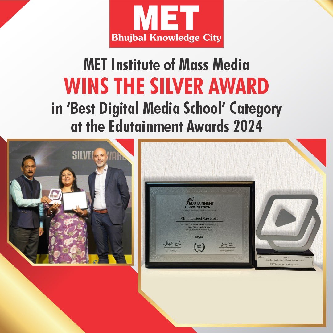 MET Institute of Mass Media, India’s premier Media Institute was bestowed upon the  Silver Award in ‘Digital Media School’ Category at the Edutainment Awards 2024.

Congratulations to all MET students, Alumni, faculty, and staff for this remarkable achievement! 

#LifeatMET