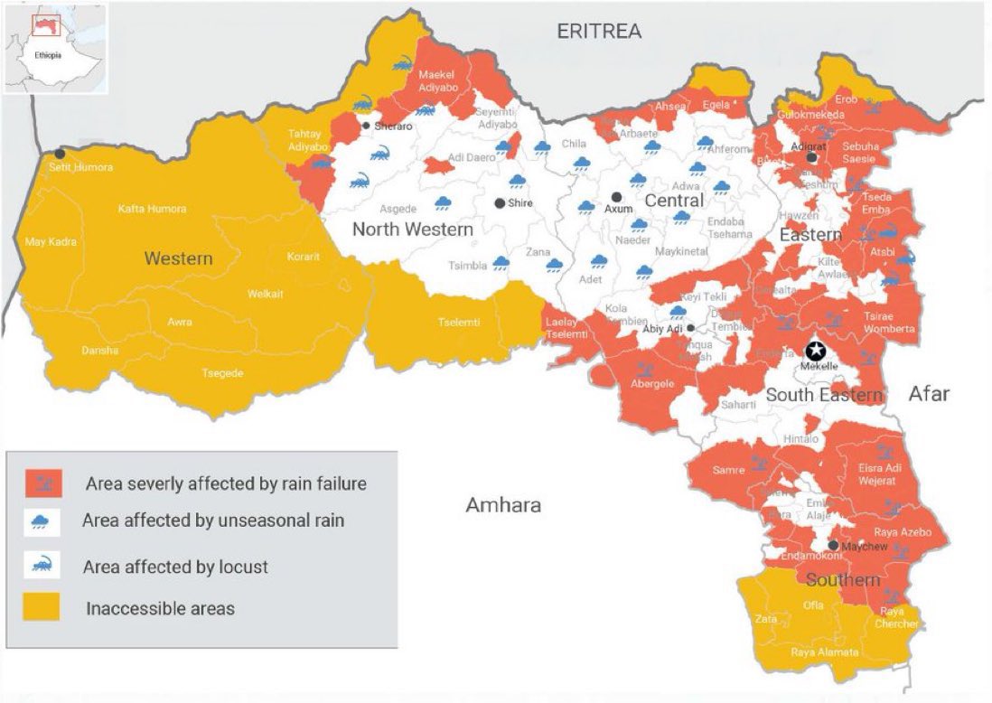 @Tigrai_TV Alert: #TigrayFamine - Severe drought in 213 Tabias, 36 Districts in five Zones; - 4,508,353 people require emergency food (940K IDP, 1M PSNP, and 2.5M relief)—460K EDRMC? - Only 20%-inadequate support allocated by #FDRE and humanitarian food aid. @WFP @WHO @DrTedros @WFPChief…