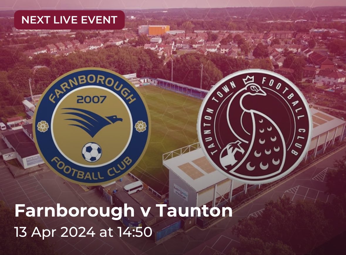 GAME DAY! LAST AWAY DAY OF THE SEASON! 
🎟️@FarnboroughFC v @TauntonTownFC 
🏆National League South
🏟️Cherrywood Road
📻ttfc.uk/peacocks-radio
🎙️Live commentary with @MaxFournier7 & @Verschorenecfc 
⏰Coverage from 14:50
