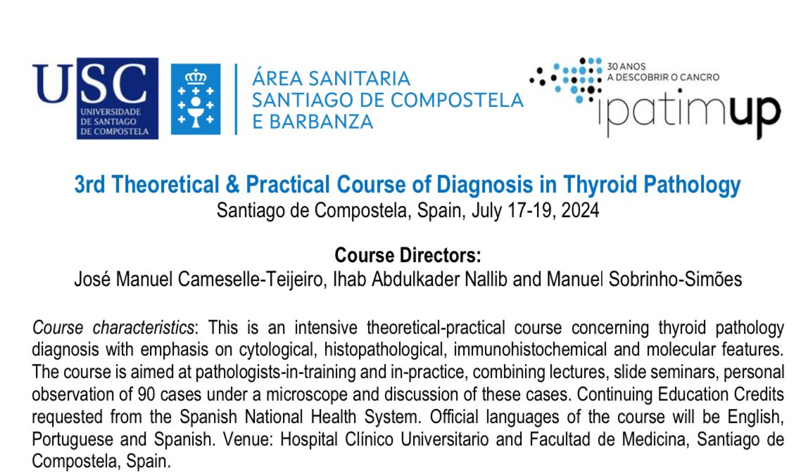 Tercer curso de diagnostico AP en tiroides dirigido por extraordinarios expertos Participación multidisciplinar, cirugia, endocrino, oncologia, y antomia patologica @SEMNIMoficial @GgnetGrupo @GrupoGetne @sociedadSEEN