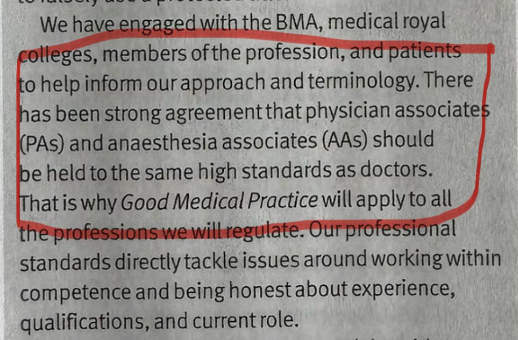 It is highly misleading & confusing for the public to refer to PAs & AAs as “medical professionals”

They are not & never will be

PAs & AAs should not “be held to the same high standards as Doctors” as this implies equivalence, which there can never be

For utter shame GMC