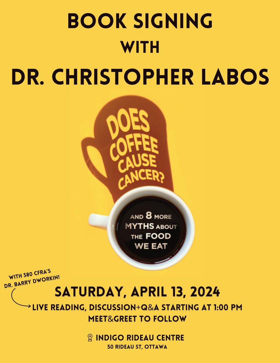 Still time!! If you’re in Ottawa come out to @chaptersindigo at the Rideau Center for a conversation with me and Barry Dworkin of @CFRAOttawa to discuss #food #myths and get a book signed too.