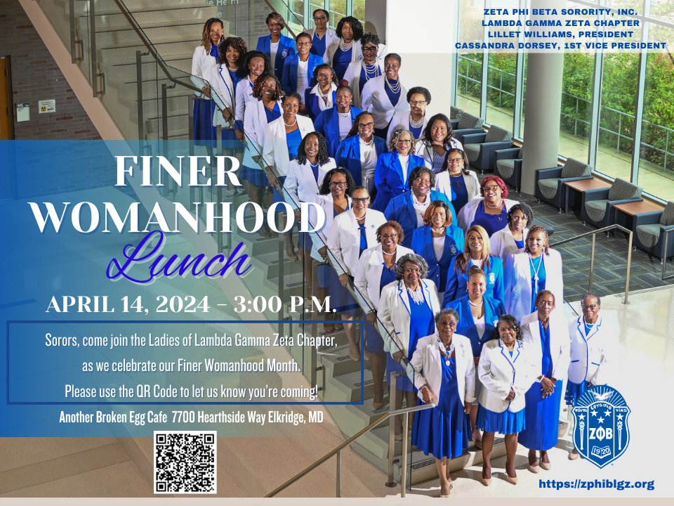 Sorors, come join the Ladies of Lambda Gamma Zeta Chapter, as we celebrate our Finer Womanhood Month.
Use the link below to let us know you're coming!

docs.google.com/forms/d/1hByN3…

#LGZHoCo #FinerWomanhood #ZPhiBMD