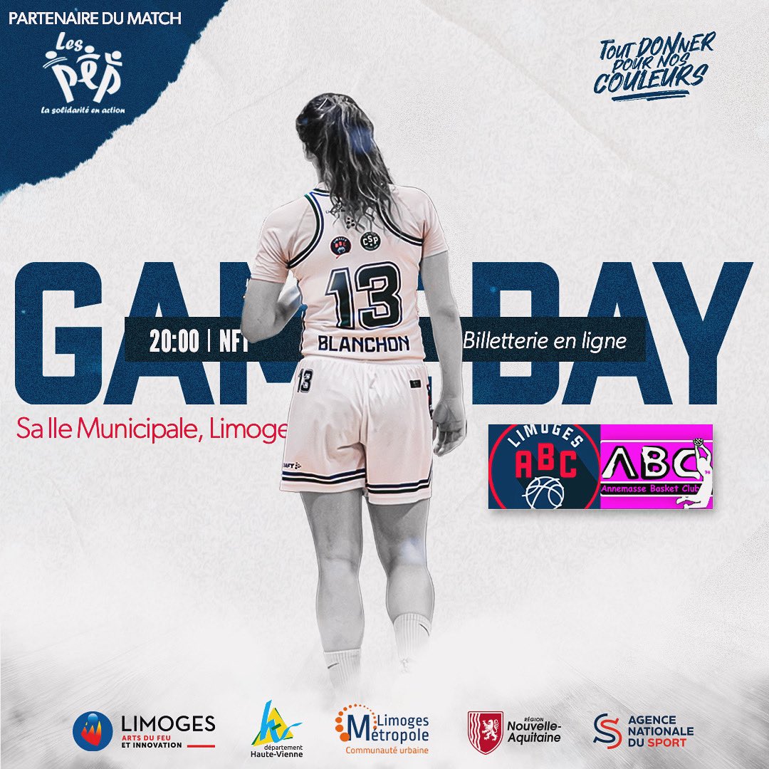 𝗚𝗔𝗠𝗘 𝗗𝗔𝗬 | 𝗡𝗙𝟭 𝗝𝟮𝟮

Nous sommes impatients de vous retrouver ce soir pour la dernière journée du championnat NF1, qui s’annonce mémorable ! 🔥

🆚 @annemasse_basketclub 
🏟️ Salle Municipale, Limoges
⌚️20:00
🎟️ Billetterie en ligne 👉🏻 billetweb.fr/limoges-abc-vs…