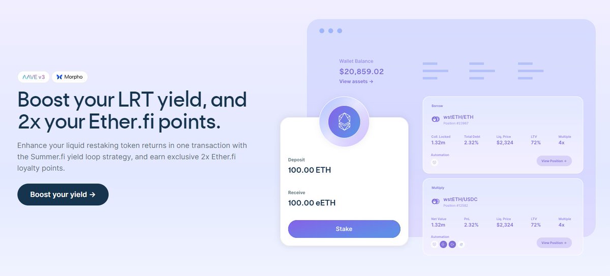 Tomorrow weETH will be enabled as collateral in @aave and Summer.fi is ready with an exclusive deal for our users 🔥 Not only will you be able to yield loop weETH to earn more staking rewards, but @ether_fi is also giving you 2x points! Stay tuned for tomorrow's