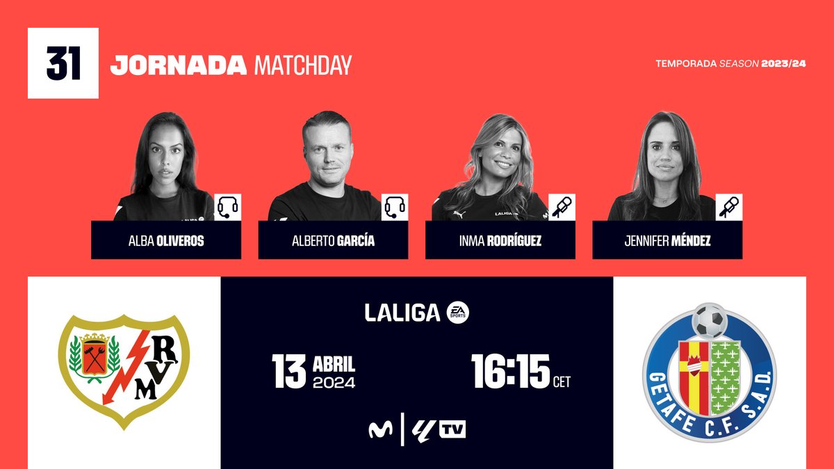 ¡ Mucho por decidir en @LaLiga EAsports ! @RayoVallecano 🆚 @GetafeCF 🏟️ Estadio de Vallecas. ⏰16:15. 🎙️@albaoliverosz @InmaRodriguezR @Jenifermendezz 📺 @MovistarFutbol LaLiga TV. #InsideLaLiga #RayoGetafe