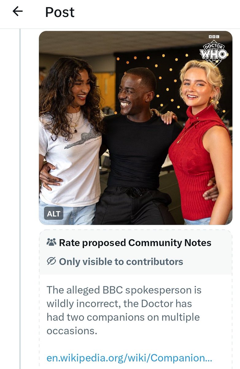 WhoHats's tweet photo. Community Notes has come for Sara... #DoctorWho #IsThisJoe https://t.co/yAw7UEQKeV