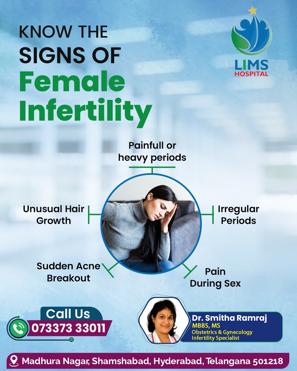 'Signs of female infertility include irregular menstrual cycles, severe menstrual pain, hormone imbalances, obesity, and age-related decline. 
Book Your Appointment Now
Pls Call: 73373 33011

#limshospital #InfertilityAwareness #WomensHealth #FertilityIssues #KnowTheSigns