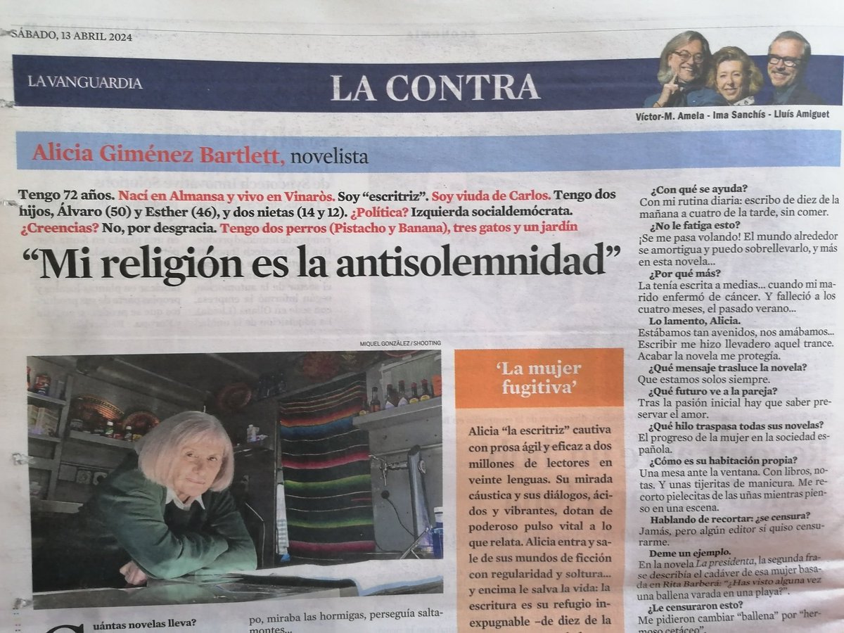 Magistral @amelanovela #ContrAmela @LaVanguardia #LaContra @LaContraLV Alicia Giménez Bartlett, la escritiz, cautiva con su prosa eficaz a dos millones de lectores. Escritora espléndida, buena persona, como lo fue su marido. Su última novela La mujer fugitiva. Mb Víctor 👍👋👥🍀