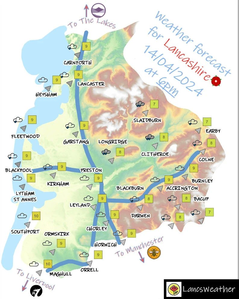 Weather forecast for Lancashire tomorrow, 🌥️ Sunday 🌧️ 14th April 2024 #lancsweather #lancashire #weather #forecast #blackburn #blackpool #burnley #chorley #fylde #hyndburn #lancaster #pendle #preston #ribblevalley #rossendale #southribble #westlancashire #wyre