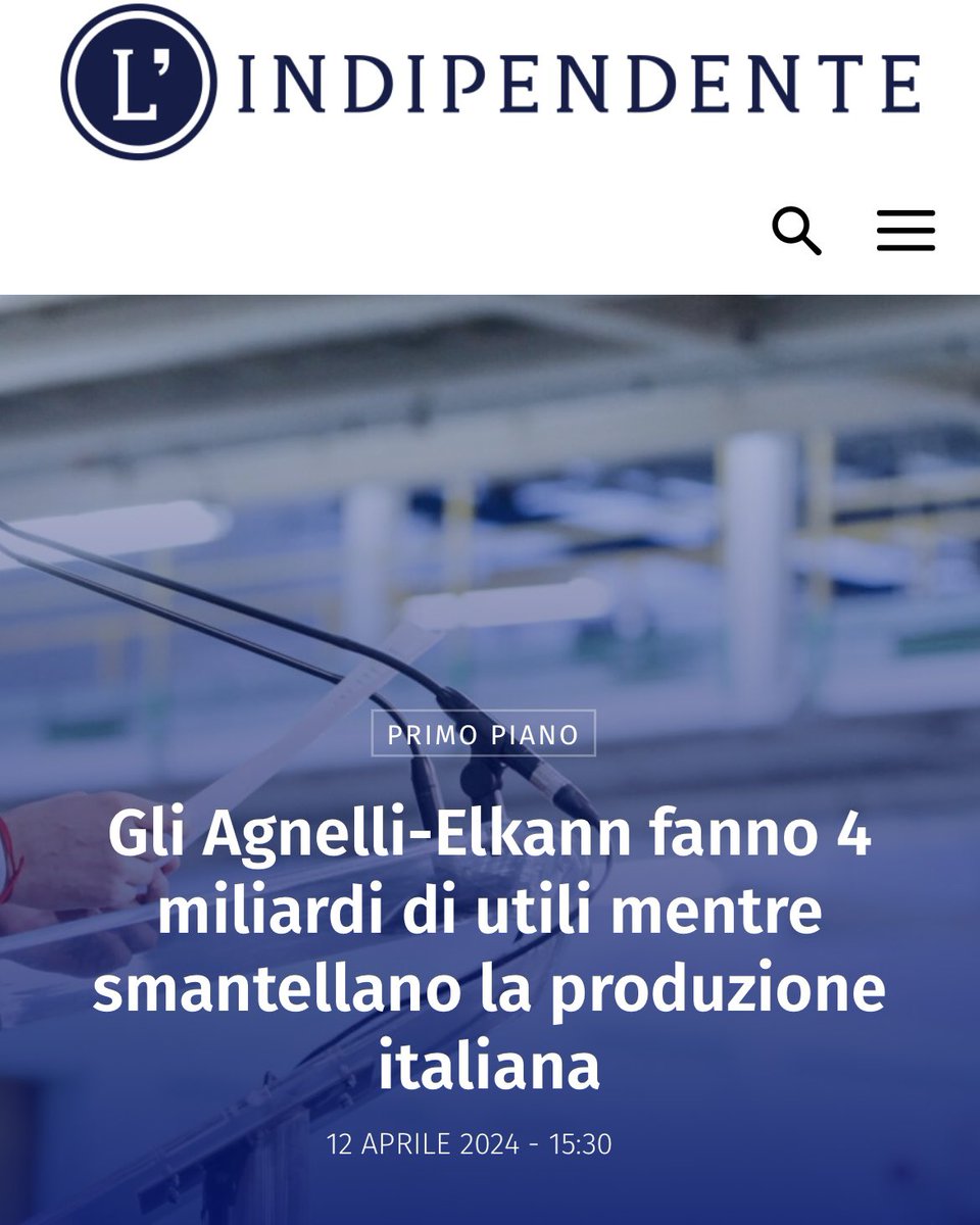 56 mil di € dividendi dalla  holding di famiglia Agnelli-Elkann( Exor), nel 2023 con 4,2 mld in utili. Il Ceo di Stellantis, Tavares, si è aumentato lo stipendio del 50%, pari a 36,5 milioni di € l'anno. Ovviamente mentre i lavoratori sono alla fame. Ribaltare tutto, con DSP.