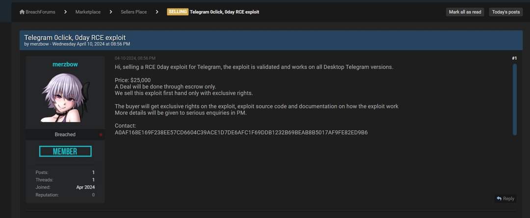 Un exploit crítico de ejecución remota de código (RCE) 0-day y sin intervención del usuario (0 clics) para Telegram está a la venta