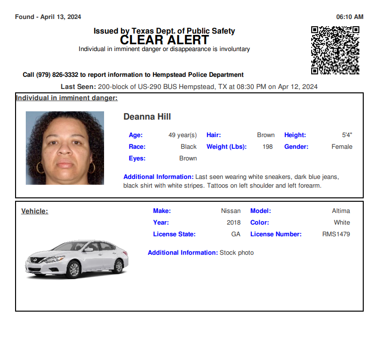 DISCONTINUED MISSING ADULT ALERT for Deanna Hill from Hempstead, TX, on 4/13/2024, GA plateRMS1479