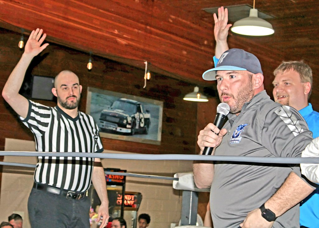 Mr. Mike Jerrick is engaged in a conversation with the audience when TJ and Josh raise their hands to politely request permission to use the restroom. This picture is from NOW That's Wrestling presents NOW and Forever and was taken by Happy Hannon Studios. @makewrestle