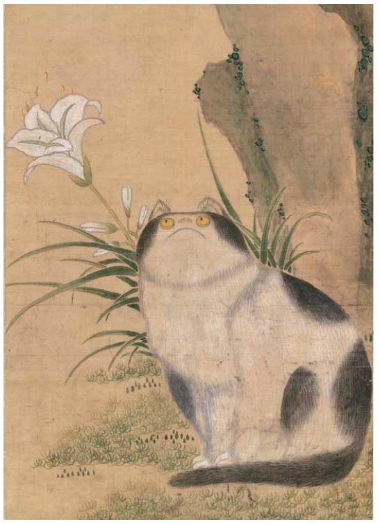 クリスティーズに出てた19世紀のいい顔の猫とユリの絵。
猫、どこ見てるんだろ。 