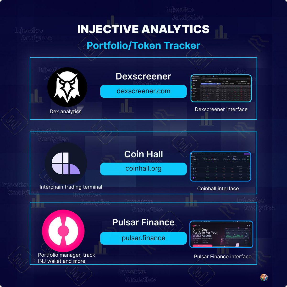 Here are website you can use to track injective Portfolio and Token. - @dexscreener - @coinhall_org - @PulsarFinance With Pulsar Finance, it’s possible to track $INJ wallet and monitor every buy and sell move by owners. Stay on track..