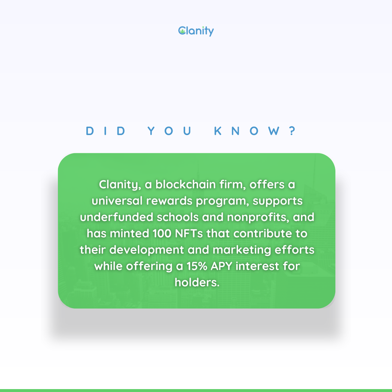 Discover the power of blockchain with a heart! 💖

Clanity, a trailblazing blockchain firm, is changing the game by supporting underfunded schools and high-impact nonprofits. 🏫🌍

#Clanity #BlockchainForGood #NFTs #InvestWithImpact #SocialGood #TechForChange