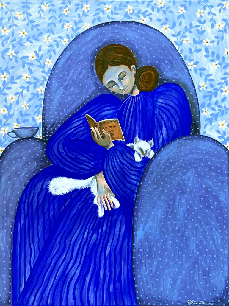 ..she said. 'I want to have a kitty sit on my lap and purr when I stroke her.” 📘Cat In The Rain, 1925 •ﻌ• 🖊️Ernest Hemingway (US Writer) •ﻌ• 🖼️Jasmine & Kiki Cat In The Tea Room, 2023 •ﻌ• 🎨Hiranya R (Brisbane Based Artist) •ﻌ• #bluecaturdayᓚᘏᗢ