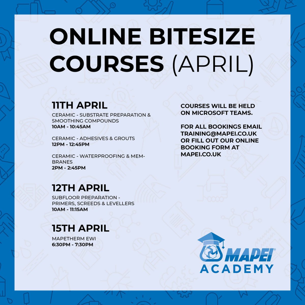 Our free #technical #online #training #courses to equip #professionals in the #construction industry. Our #webinars cover local standards and how #Mapei systems are the solutions to your #project.  buff.ly/3TWGx5v

#Mapei #building #webinar #tiling #flooring #EWI