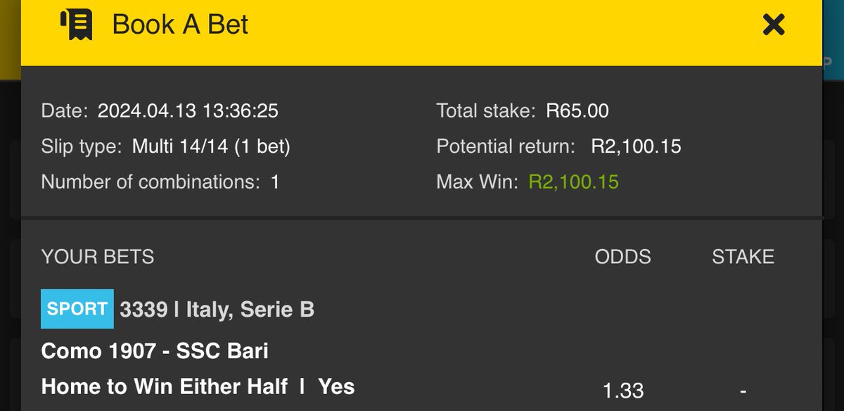 No one loses forever 🤘🏾

First game at 14:00 🕑 

32 odds 🍏

Copy this betslip here: easybet.co.za/share-a-bet/16…

Betslip code: 162714

Promo code: RICKY50

Register here: ebpartners.click/o/ohSo1I

#YellowArmy #YellowNation