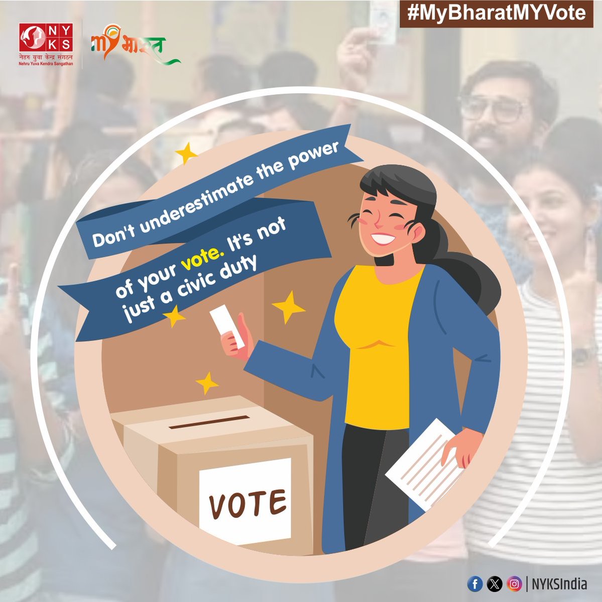 Your vote is your voice – never underestimate its power. It's not just a civic duty; it's the foundation of democracy. Let's make our voices heard and shape the future we believe in. #MYBharatMYVote #Vote4Sure #PowerOfTheVote #Democracy