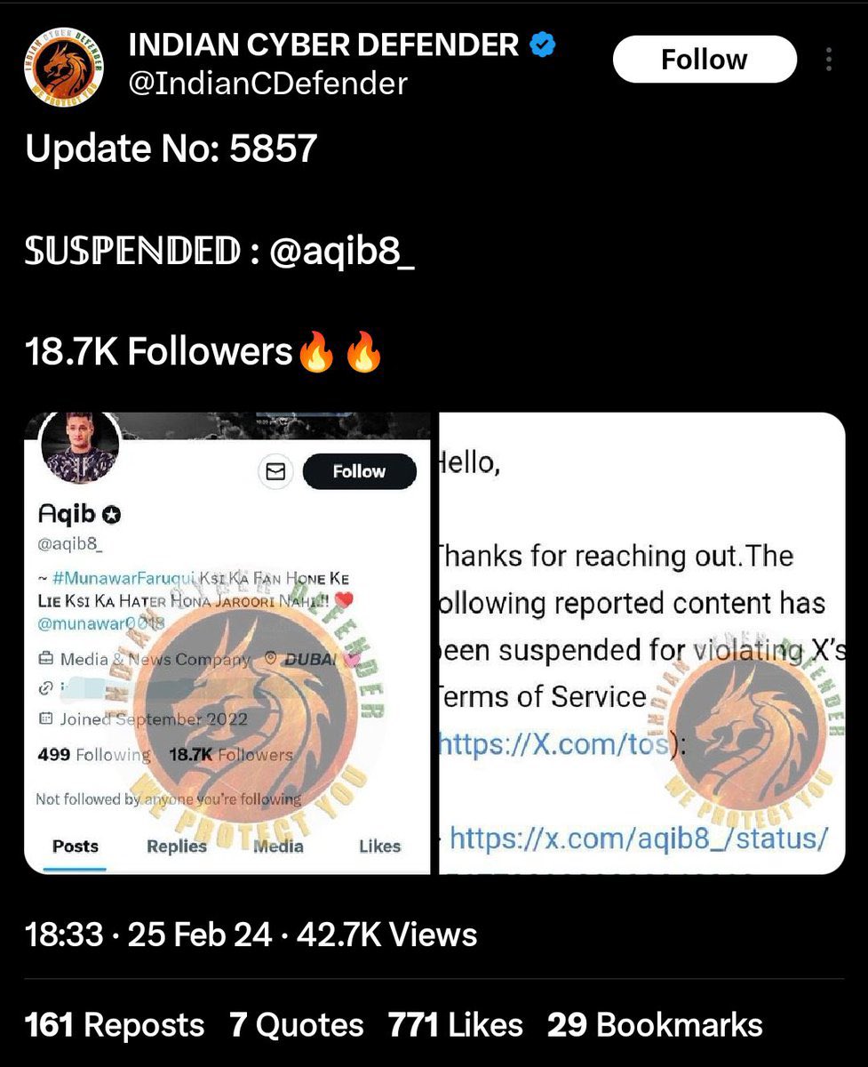 Hello @XEng my friend's account @aqib8_ has been suspended in an error because of false reporting by an user whose Post's snapshot is attached.
Please investigate this matter & reinstate my friend's account at the earliest.
@X @XCorpIndia @Safety
CC: @elonmusk 
#ReinstateAqib8_