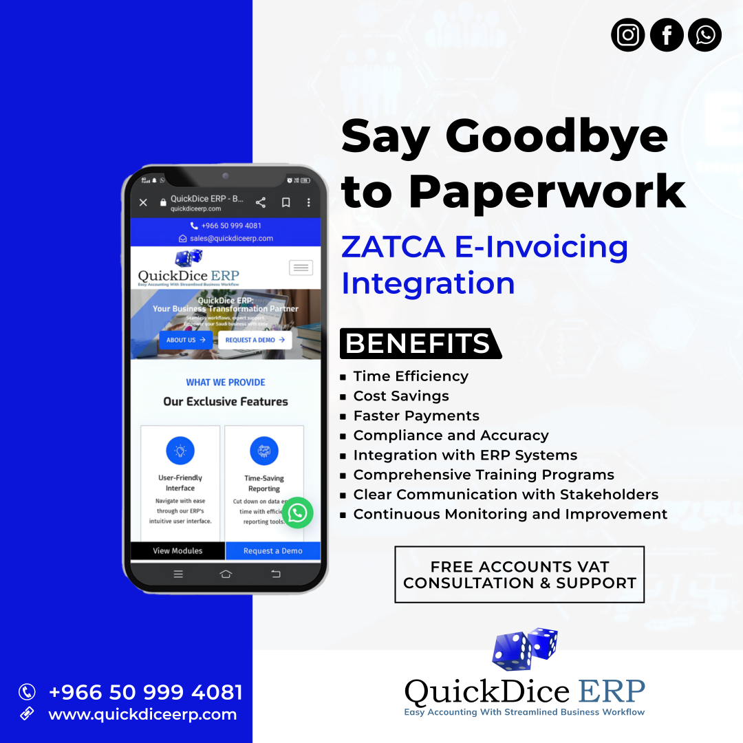 Streamline invoicing with QuickDice ERP's ZATCA e-invoicing integration. Say goodbye to paperwork and hello to efficiency!#pulseinfotech #quickdice #quickdiceinvocing #quickdiceaccounting #quickdiceprojectcontrolmodule #saudiarabia #ksa #zatcaeinvoicing
🌐quickdiceerp.com