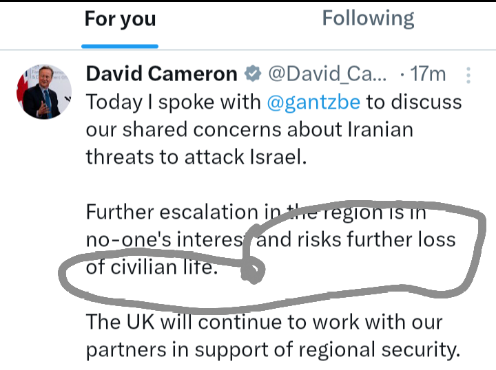 @David_Cameron @gantzbe It certainly is. At that only risking poor innocent civilian lives. 🙏 @Khamenei_m 
@khamenei_ir With you authoritatively standing voice to it An escalation is firmly moored in perfect reverse balance.Because you stand again,key moors were factors⬇️
#Stopthewar
#Stopthekillings