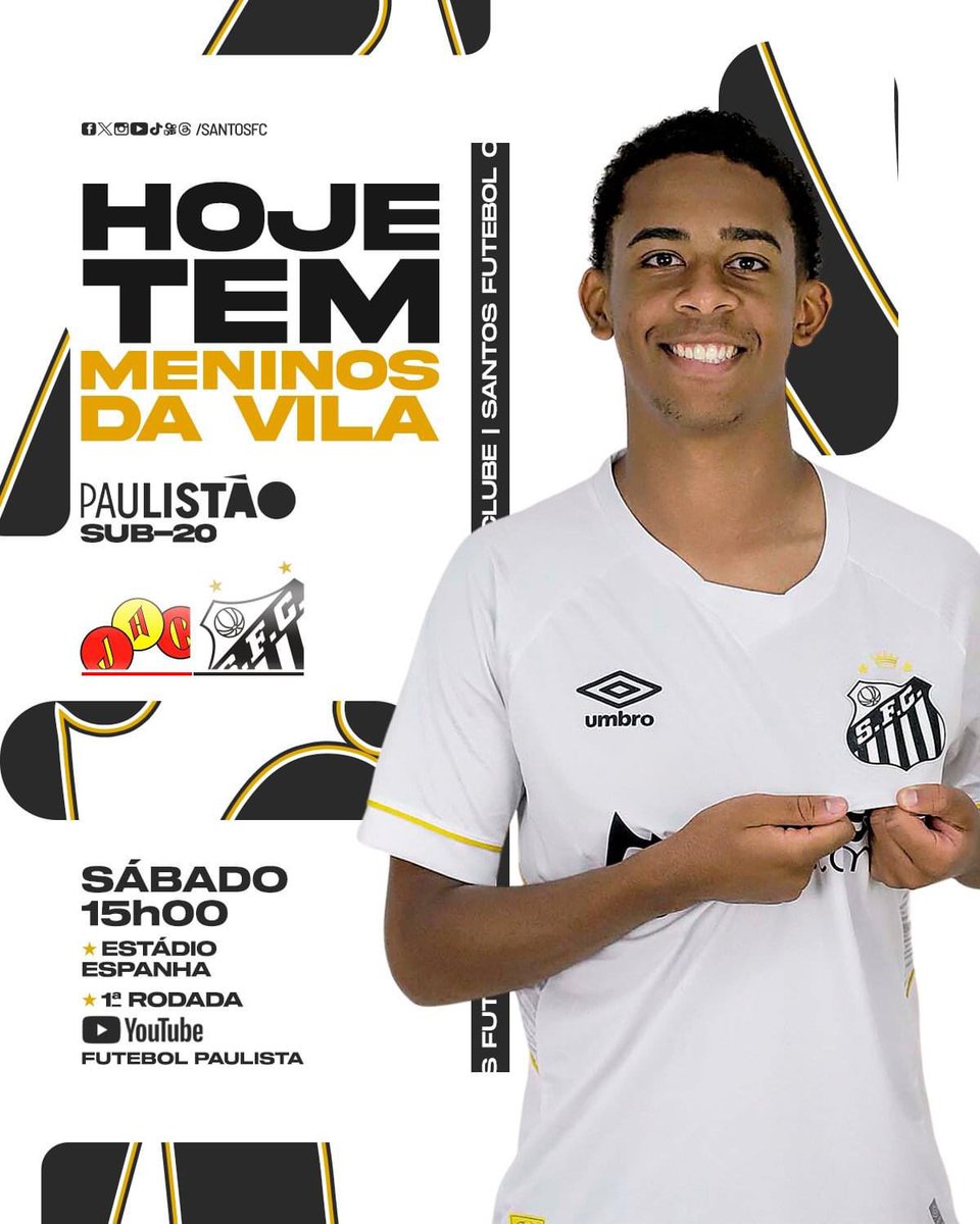 É dia de #MeninosDaVila! ⚡️ O Santos estreia no #PaulistãoSub20 fora de casa, contra o Jabaquara, às 15h. A partida terá transmissão do Paulistão, no YouTube. Mais cedo, às 9h, o Sub-15 recebe o EC São Bernardo, mesmo adversário do Sub-17, que entra em campo às 11h. Ambas as…