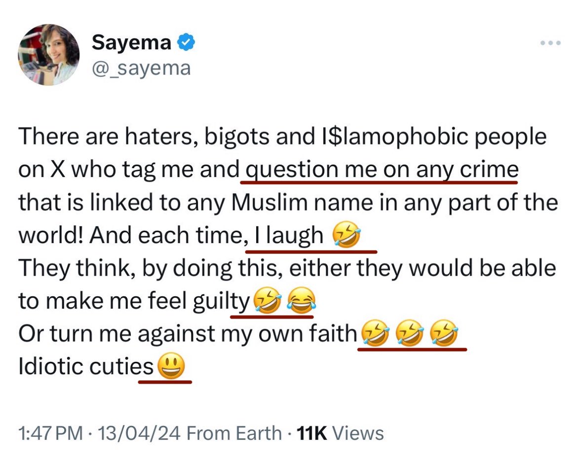 When you ask @_sayema to speak on crime done by muslims, she laughs. No matter if it's a case of rape or murder, she laughs and calls you idiot.