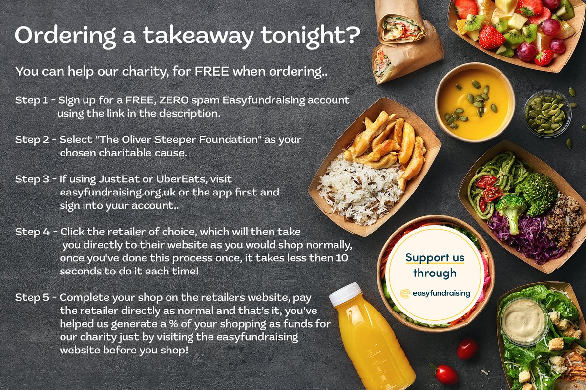 Cheeky takeaway tonight? With a couple of clicks you can raise money for our charity.. it costs you nothing! Step 1 - Sign up for a FREE, ZERO spam Easyfundraising account using the following link: easyfundraising.org.uk/register-your-… Step 2 - Select 'The Oliver Steeper Foundation' as your…