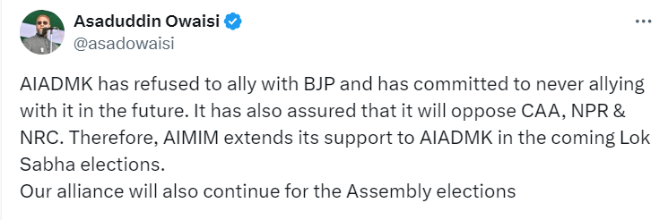 Tamil Nadu: 🚨⚠️

After SDPI ,
Now owaisi MIM officially supports AIADMK in Tamil Nadu 

SDPI - political party of banned terror group PFI .

AIADMK got huge support on RW Twitter 😲